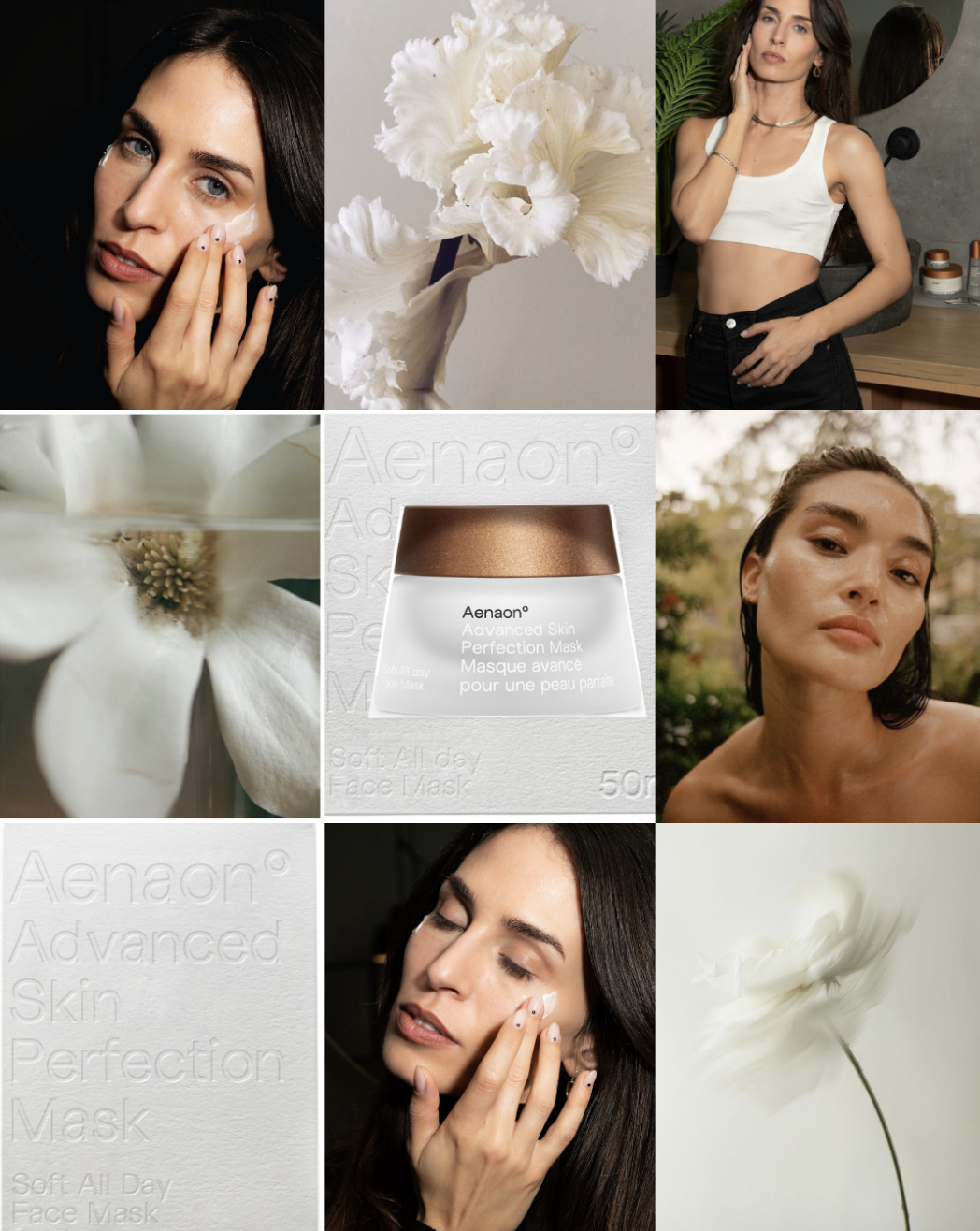 Skincare collage of portraits, white flowers and an embossed mask jar